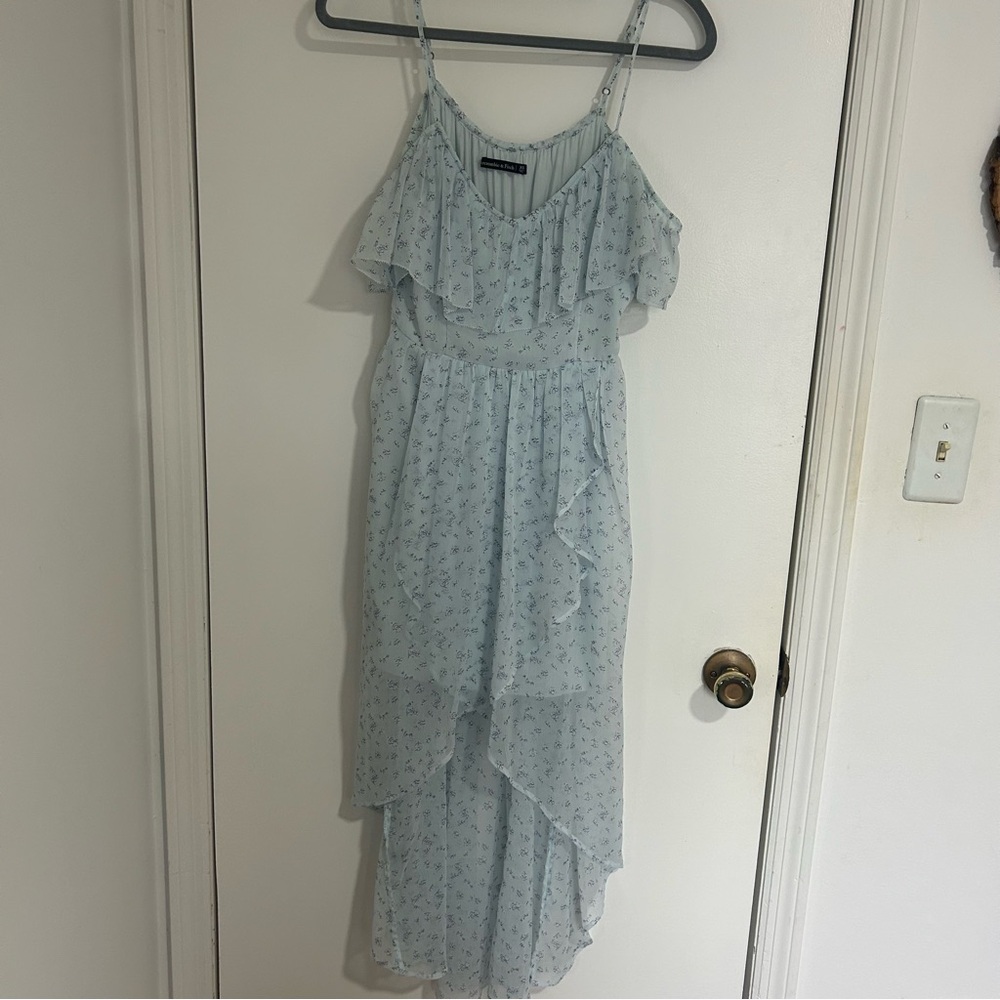 Abercrombie and Fitch Baby Blue Floral High/Low Off Shoulder Ruffle Maxi Dress